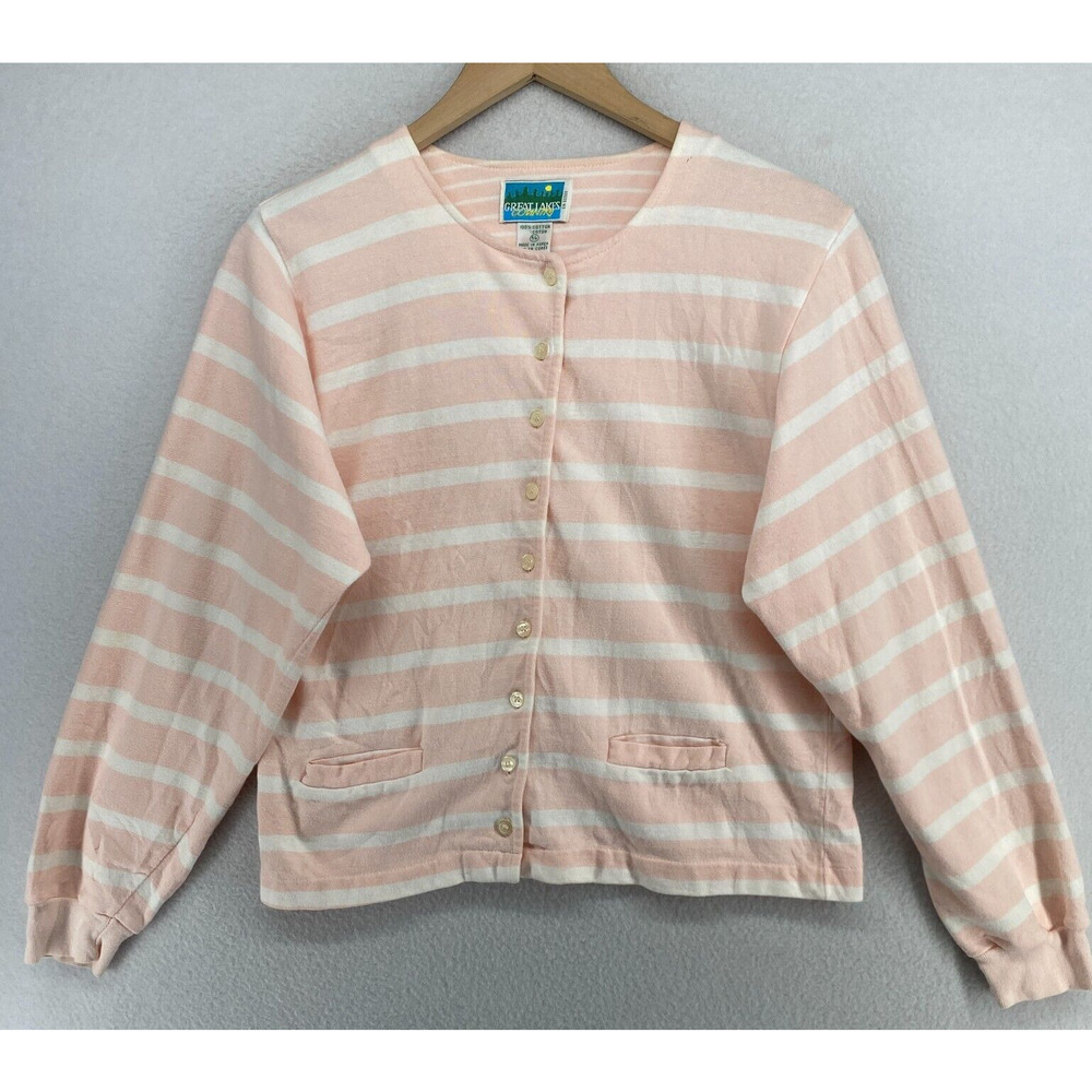 GREAT LAKES COUNTRY Cardigan Women S Striped Jersey Button Front Cotton Pink Vtg